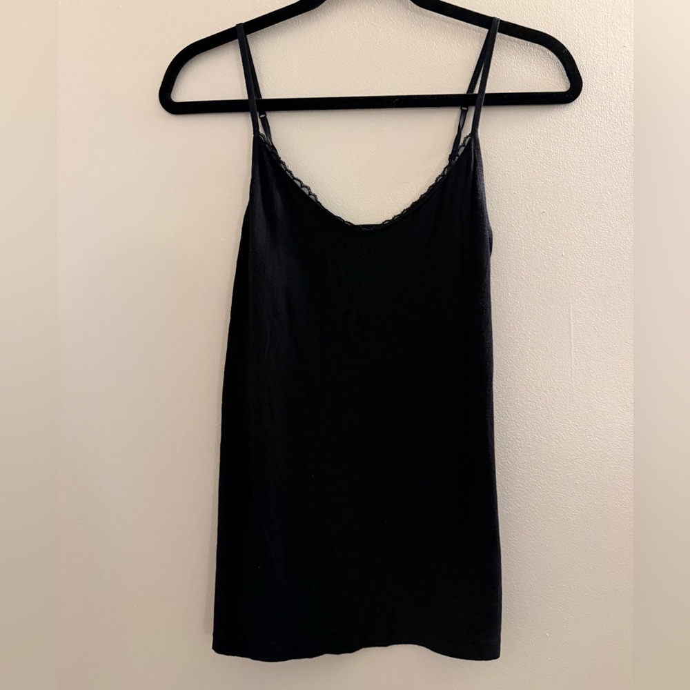 A New Day Ribbed Black Lace V-Neck Tank Top Cami Camisole Shirt Small S